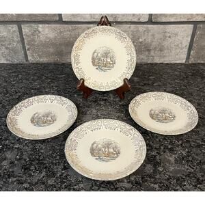 4 Vintage Monarch Currier & Ives Gold Filigree Winter Scene Round Saucers 6”